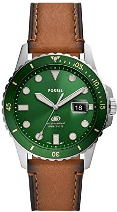 Fossil Orologio Blue da uomo, movimento al quarzo, cassa in acciaio inossidabile argentata da 42 mm e cinturino in pelle ProPlanet, , Verde e marrone