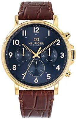 Tommy Hilfiger Orologio Analogico Multifunzione al Quarzo da Uomo con Cinturino in Pelle Marrone Chiaro