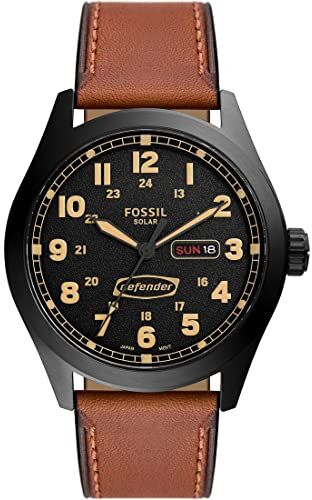 Fossil Orologio Defender da uomo, movimento solare, cassa in acciaio inossidabile nera da 46 mm con cinturino in pelle, , Marrone