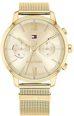 Tommy Hilfiger Orologio Analogico Multifunzione al Quarzo da Donna con Cinturino in Maglia Metallica in Acciaio Inossidabile Dorato