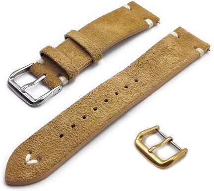 Generico Cinturino in Vera Pelle Scamosciata con Impunture Cucitura Lacci Vintage ONE MORE STRAP 18mm 20mm 22mm colore Nero Blu Verde Marrone Laccio Straps (20mm, Beige)