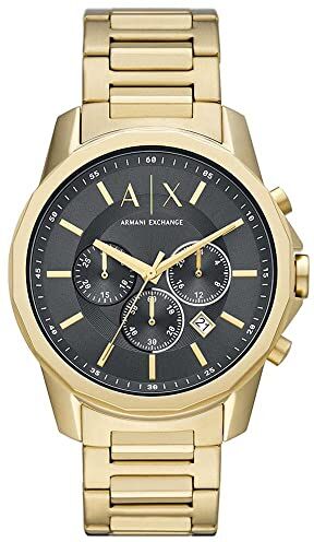 Armani Orologio cronografo Uomo, cassa in acciaio inossidabile placcata oro da 44 mm e bracciale in acciaio inossidabile,