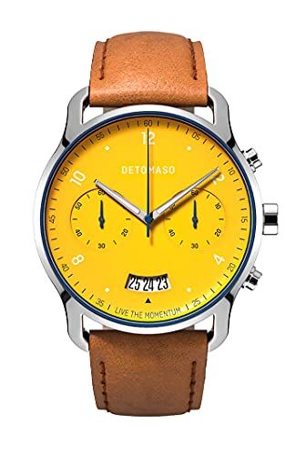 Detomaso SORPASSO Giallo Argento Giallo Orologio da polso da uomo analogico al quarzo cinturino in pelle marrone, giallo, cinghia