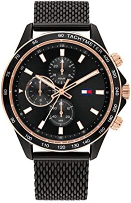 Tommy Hilfiger Orologio Analogico Multifunzione al Quarzo da Uomo con Cinturino in Maglia Metallica in Acciaio Inossidabile Nero