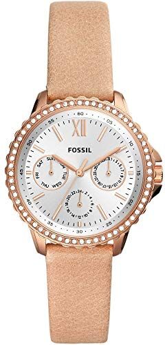 Fossil Orologio Izzy da donna, movimento multifunzione, cassa in acciaio inossidabile oro rosa 35 mm con cinturino in pelle,