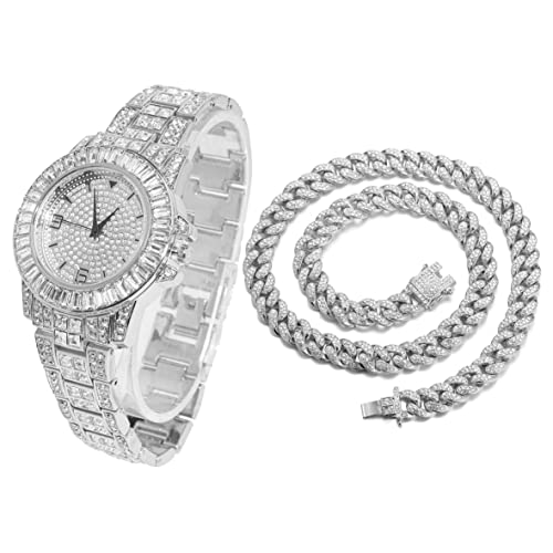 HALUKAKAH Diamanti Orologio Oro, Uomo Placcato Oro Bianco Platino 38MM Largo Tondo Componi Quarzo Cinturino 22cm con Link Cubano Catena 45cm Collana Set, con Scatola Regalo