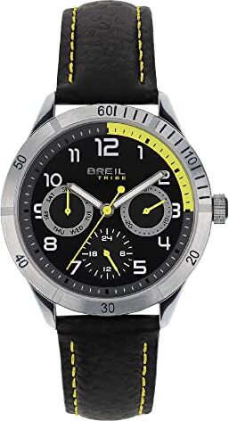 Breil , Collezione MATE, Orologio da Uomo, Sportivo Multifunzione, con Rehault e Sfere dei Contatori Giallo Lime, Quadrante Nero, Cinturino in Pelle Nero, Chiusura Déployante, Diametro 37 mm