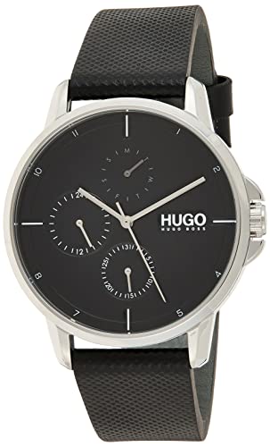 HUGO Orologio Analogico Multifunzione al Quarzo da Uomo con Cinturino in Pelle Nero