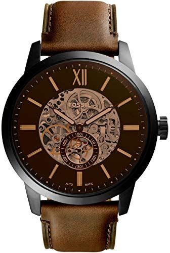 Fossil Orologio Townsman da uomo, movimento meccanico automatico, cassa in acciaio inossidabile nero da 48 mm con cinturino in pelle, , Marrone