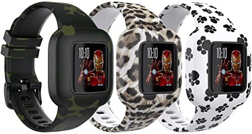 TiMOVO 3 Pezzi Cinturino in Silicone per Orologio, Compatibile con Vivofit JR 3, Cinturino Morbido per Bambini, Cinturino di Scambio con Floreale Stampato, Zampa/Verde Mimetico/Leopardo