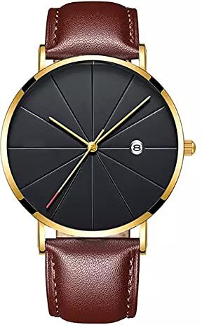 Generico OROLOGIO DA UOMO CON CASSA IN ACCIAIO CINTURINO IN PELLE PU AUTOMATICO POLSO MODERNO VINTAGE QUARZO RAGAZZO MARRONE ORO NERO