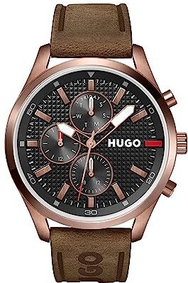 HUGO Orologio Analogico Multifunzione al Quarzo da Uomo con Cinturino in Pelle Marrone