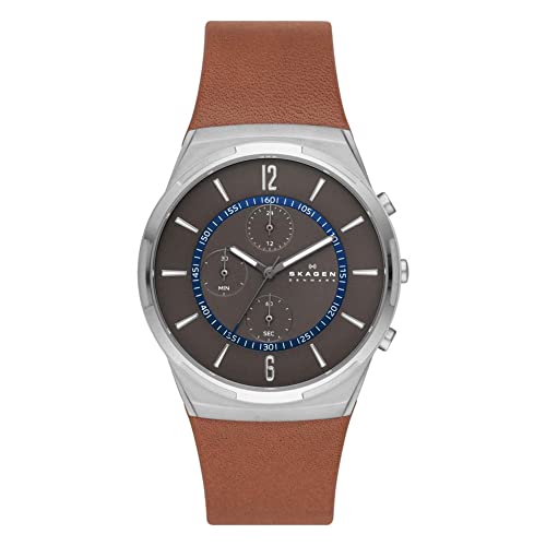 Skagen Orologio Melbye Chronograph da uomo, movimento cronografo al quarzo, cassa 42 mm in acciaio inossidabile riciclato (almeno al 50%) con cinturino in pelle LWG,