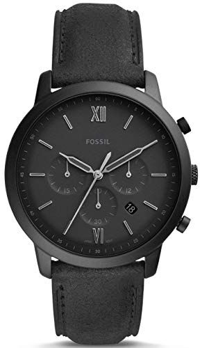 Fossil Orologio Neutra Chrono da uomo, movimento cronografo al quarzo, cassa in acciaio inossidabile nera da 44 mm con cinturino in pelle, , Grigio scuro