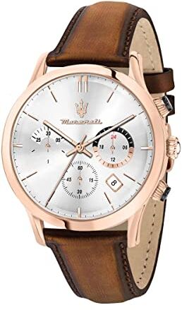 Maserati Orologio da uomo, Collezione Ricordo, movimento al quarzo, cronografo, in acciaio, PVD oro rosa e cuoio