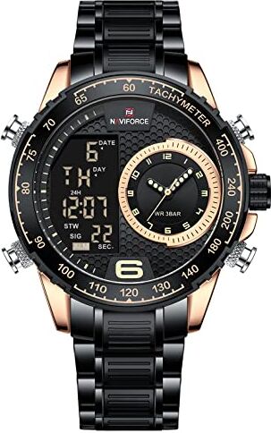 Naviforce Orologio da uomo impermeabile in acciaio inox a led analogico digitale orologi per uomo uomo uomo giorno data cronometro allarme orologio sportivo, Oro nero, braccialetto