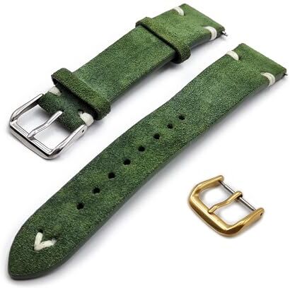 Generico Cinturino in Vera Pelle Scamosciata con Impunture Cucitura Lacci Vintage ONE MORE STRAP 18mm 20mm 22mm colore Nero Blu Verde Marrone Laccio Straps (22mm, Verde)