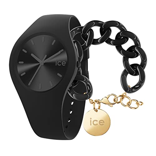 ICE Colour Phantom Orologio Nero Unisex con Cinturino in Silicone, 017905 (Medium) + Chain bracelet Black Bracciale in maglia nera XL da donna con medaglia d'oro (020354)