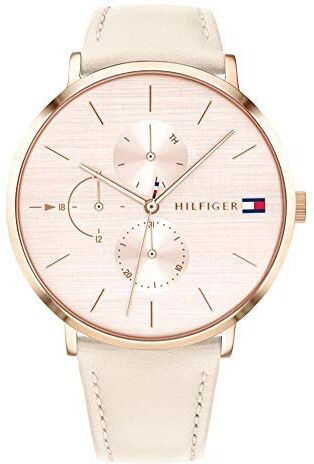 Tommy Hilfiger Orologio Analogico Multifunzione al Quarzo da Donna con Cinturino in Pelle Beige