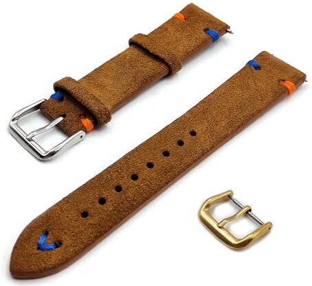 Generico Cinturino in Vera Pelle Scamosciata con Impunture Cucitura Lacci Vintage ONE MORE STRAP 18mm 20mm 22mm colore Nero Blu Verde Marrone Laccio Straps (18mm, Marrone orange/blue)