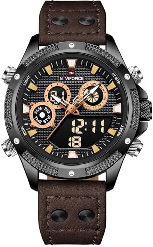 Naviforce Orologio digitale da uomo, al quarzo, con retroilluminazione super luminosa, cronografo, impermeabile, orologio sportivo con cinturino in pelle, nero