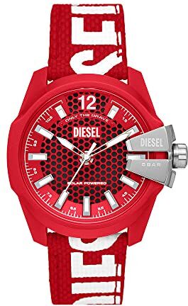 Diesel Orologio Baby Chief da Uomo, Movimento a Tre Lancette a Energia Solare, Cassa in olio di ricino Rosso da 43 mm con Cinturino in PU Organico,