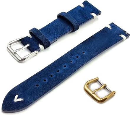 Generico Cinturino in Vera Pelle Scamosciata con Impunture Cucitura Lacci Vintage ONE MORE STRAP 18mm 20mm 22mm colore Nero Blu Verde Marrone Laccio Straps (20mm, Blu)