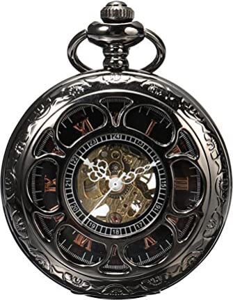 ShoppeWatch Orologio da Taschino Uomo Meccanico Nero con Catena   Orologio Tasca Meccanico   Steampunk Pocket Watch PW19