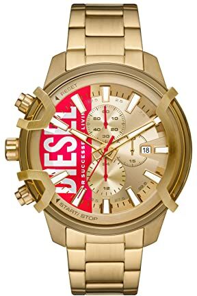 Diesel Orologio Griffed da uomo, movimento cronografo, cassa in acciaio inox placcato oro 48 mm con bracciale in acciaio inox,