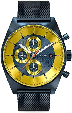 Detomaso D10 Cronografo Limited Edition Blue Yellow Orologio da polso da uomo analogico al quarzo mesh milanese blu spazzolato