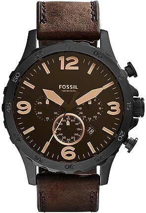 Fossil Orologio Nate da uomo, movimento cronografo al quarzo, cassa 50 mm in acciaio inossidabile nero con cinturino in vera pelle, , Marrone