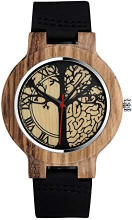 Unendlich U Infinity U-Orologio al quarzo Fashion in legno di bambù per donna e uomo Orologio al quarzo con cinturino in vera pelle Idea regalo di Natale Design di coppia Albero della vita