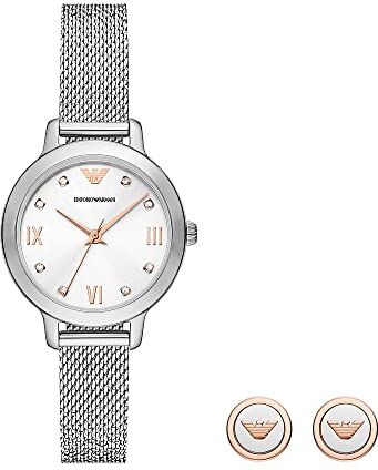 Emporio Armani Orologio da donna, movimento a tre lancette, cassa in acciaio inossidabile riciclato (almeno 50%) da 32 mm con cinturino in maglia di acciaio inossidabile,