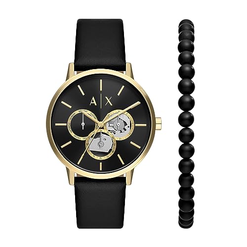 Armani Orologio da uomo, movimento multifunzione, cassa in acciaio inossidabile dorata da 42 mm con cinturino in pelle,