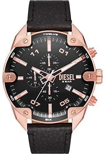 Diesel Orologio Spiked da uomo, movimento cronografo, cassa in acciaio inossidabile rosa da 49 mm con cinturino in pelle,