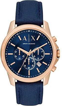 Armani Orologio cronografo da uomo, cassa in acciaio inossidabile oro rosa 44 mm con cinturino in pelle,