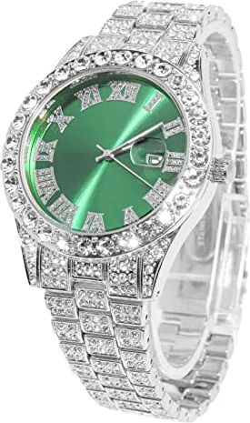 HALUKAKAH Diamanti Orologio Oro, Uomo Placcato Oro Bianco Platino 42MM Largo Verde Componi Quarzo Cinturino 24cm, con Scatola Regalo