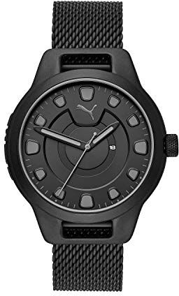 Puma Orologio Reset da uomo, movimento a tre lancette con data, cassa in lega nera da 43 mm e bracciale in acciaio,