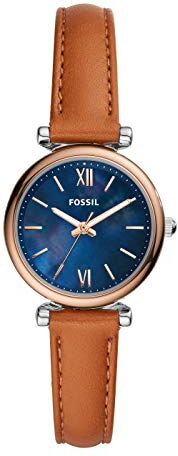 Fossil Carlie Mini Ladies Watch, movimento al quarzo, cassa in acciaio inossidabile argentata da 28 mm con cinturino in pelle,