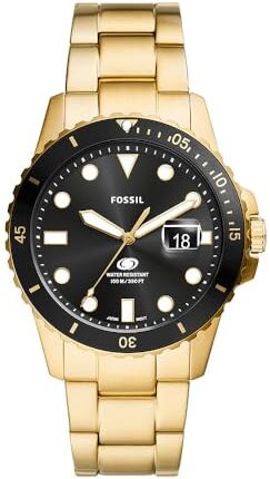 Fossil Orologio Blue Dive da Uomo, Movimento a Tre Lancette con Data, Acciaio Inossidabile, Cassa da 42 mm e Bracciale in Acciaio Inossidabile, Nero e Oro, Nero e oro