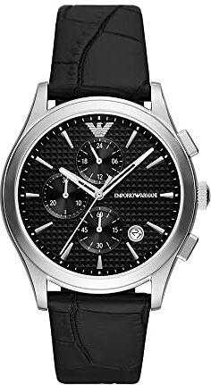 Emporio Armani Orologio da uomo, movimento cronografo, cassa in acciaio inossidabile riciclato da 42 mm in argento (almeno 50%) con cinturino in pelle,