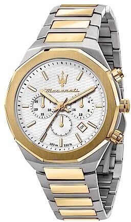 Maserati Orologio Uomo, Stile, Acciaio e PVD Oro, Cronografo con Datario, Vetro trattamento Zaffiro, al Quarzo, Analogico, Resistente all'Acqua 10 ATM