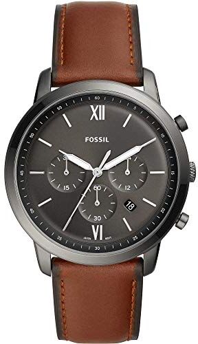 Fossil Orologio Neutra Chrono da uomo, movimento cronografo al quarzo, cassa in acciaio inossidabile fumé da 44 mm con cinturino in pelle, , Marrone e grigio scuro