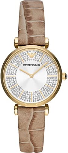 Emporio Armani Orologio da donna, movimento a due lancette, cassa in acciaio inossidabile placcata oro da 32 mm con cinturino in pelle,