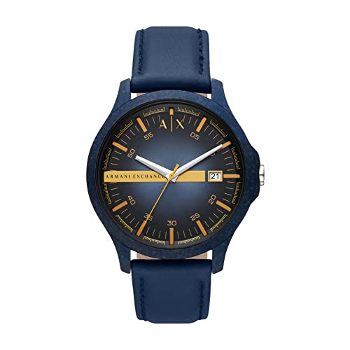 Armani Orologio da uomo a tre lancette, cassa in acciaio inossidabile blu, 46 mm con cinturino in pelle,