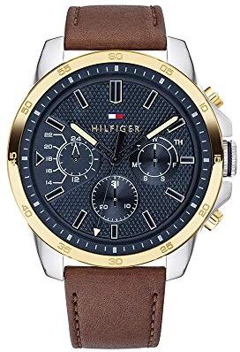 Tommy Hilfiger Orologio Analogico Multifunzione al Quarzo da Uomo con Cinturino in Pelle Marrone Chiaro