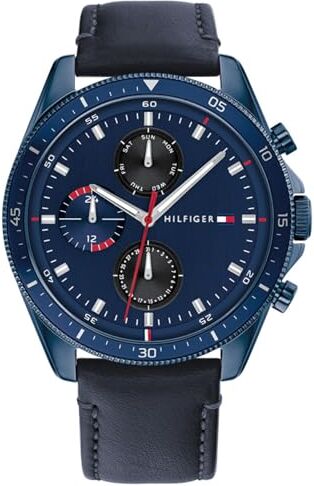 Tommy Hilfiger Orologio Analogico Multifunzione al Quarzo da Uomo con Cinturino in Pelle Blu