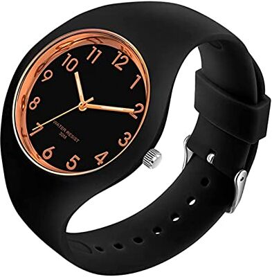 Forrader Orologio sportivo da donna con cinturino in silicone e quadrante grande, impermeabile, alla moda, casual, semplice, al quarzo, analogico, per donne e ragazze, nero/oro rosa.