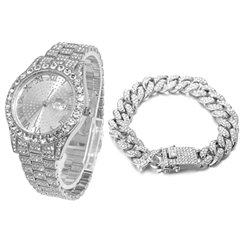 HALUKAKAH Diamanti Orologio Oro, Uomo Placcato Oro Bianco Platino 42MM Largo Tondo Componi Quarzo Cinturino 24cm con Link Cubano Catena 20cm Bracciale Set, con Scatola Regalo