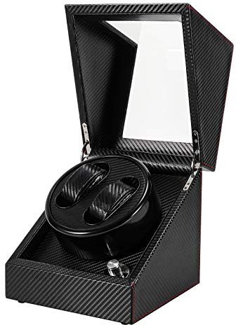 Gifort Watch Winder 2 Orologi, Scatola Carica Orologo Automatico in Pelle PU Nero con Motore Silenzioso, Scatola del Tempo Porta Orologi, Alimentato a Batteria o da Rete